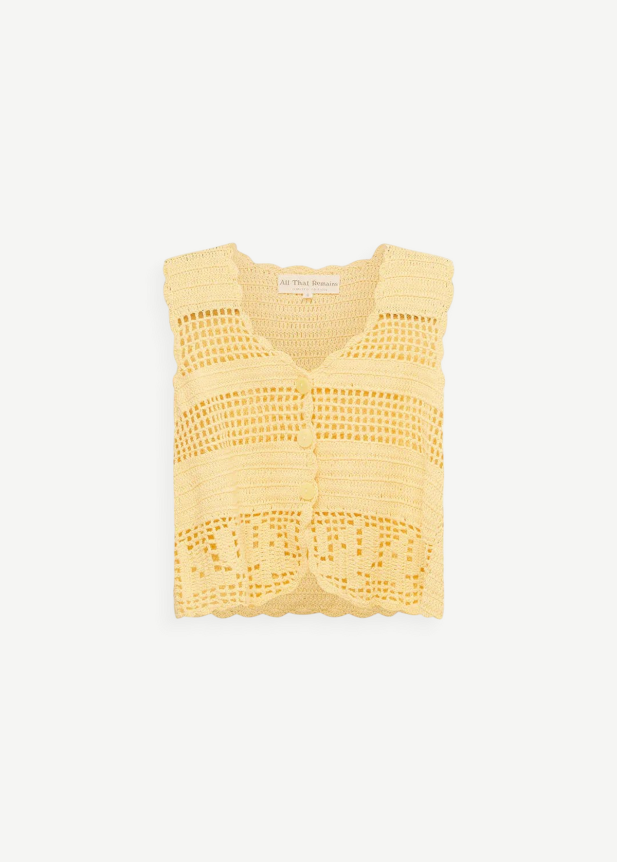 KABE SHOP INC Eva Vest in pale yellow featuring intricate handcrafted crochet detailing and a button-front closure.