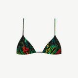 The Equator Top is a triangle bikini featuring adjustable string ties and thin straps, showcasing a vibrant tie-dye pattern in green, yellow, and red on a black background. Made from recycled nylon swimwear fabric, it combines style with sustainability.