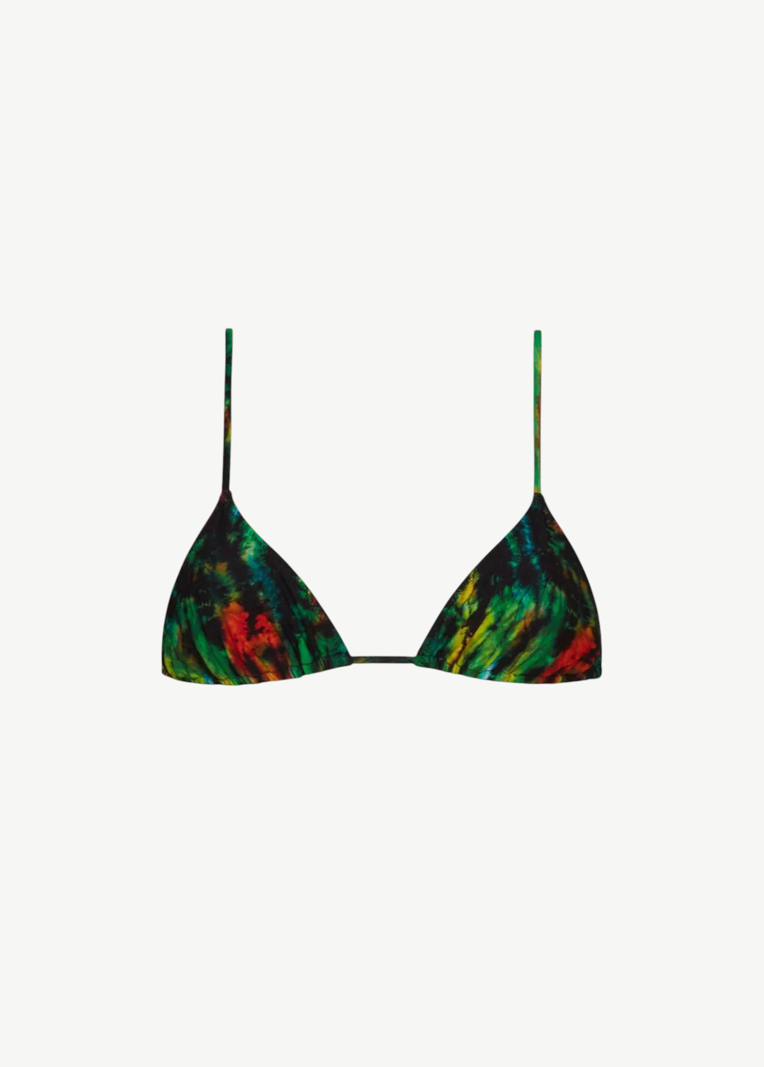 The Equator Top is a triangle bikini featuring adjustable string ties and thin straps, showcasing a vibrant tie-dye pattern in green, yellow, and red on a black background. Made from recycled nylon swimwear fabric, it combines style with sustainability.