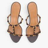 KABE SHOP INC Talita Heel sandals in dark brown leather with decorative wooden bead accents on the straps