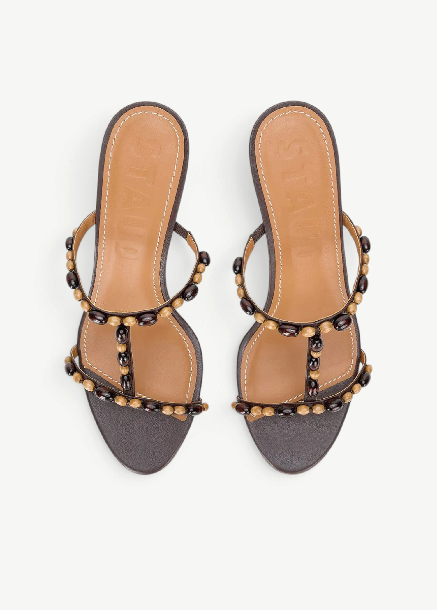 KABE SHOP INC Talita Heel sandals in dark brown leather with decorative wooden bead accents on the straps