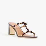 KABE SHOP INC Talita Heel brown leather sandal with decorative wooden bead detailing on the T-strap and block heel
