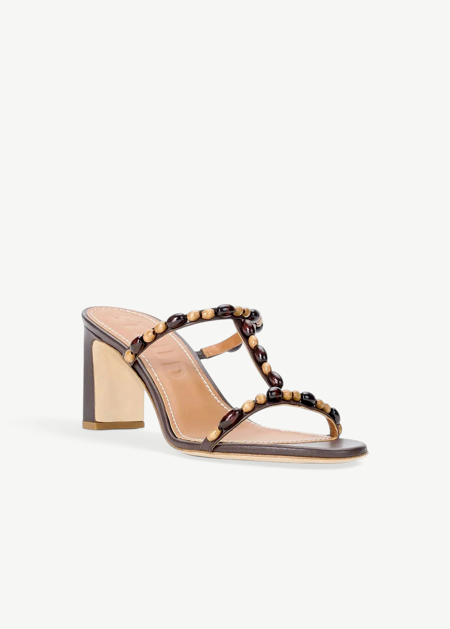 KABE SHOP INC Talita Heel brown leather sandal with decorative wooden bead detailing on the T-strap and block heel