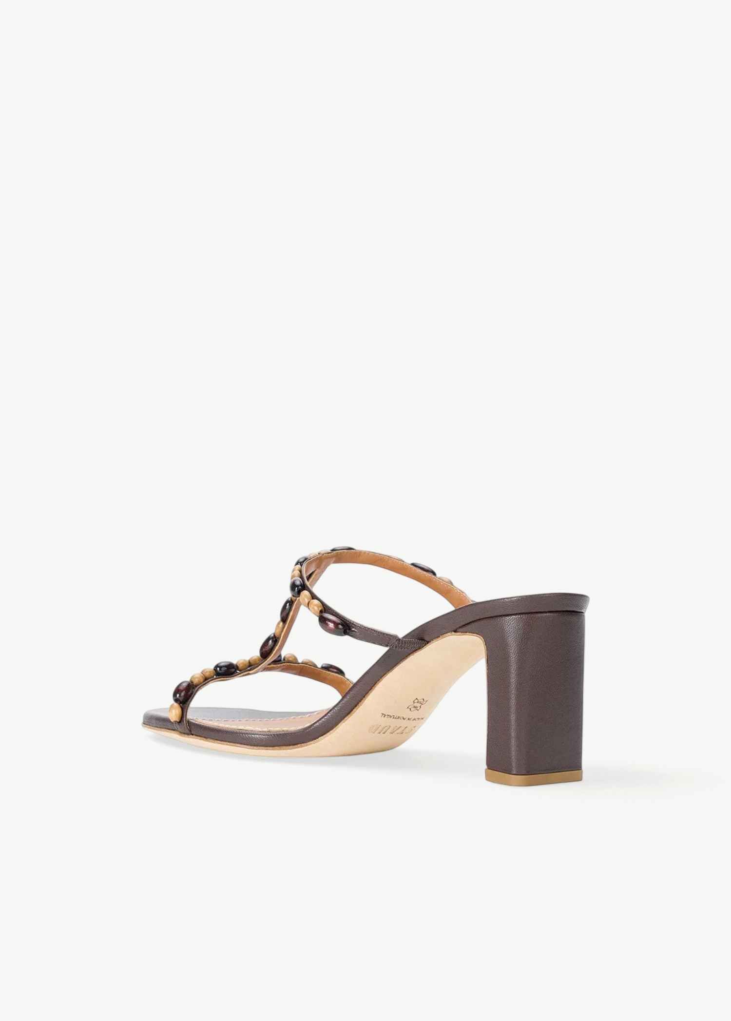 KABE SHOP INC Talita Heel brown leather sandal with decorative wooden beads and a block heel for special occasions.