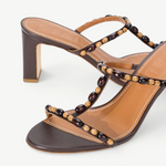 KABE SHOP INC Talita Heel brown leather sandals with decorative wooden bead detailing on the straps