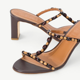 KABE SHOP INC Talita Heel brown leather sandals with decorative wooden bead detailing on the straps