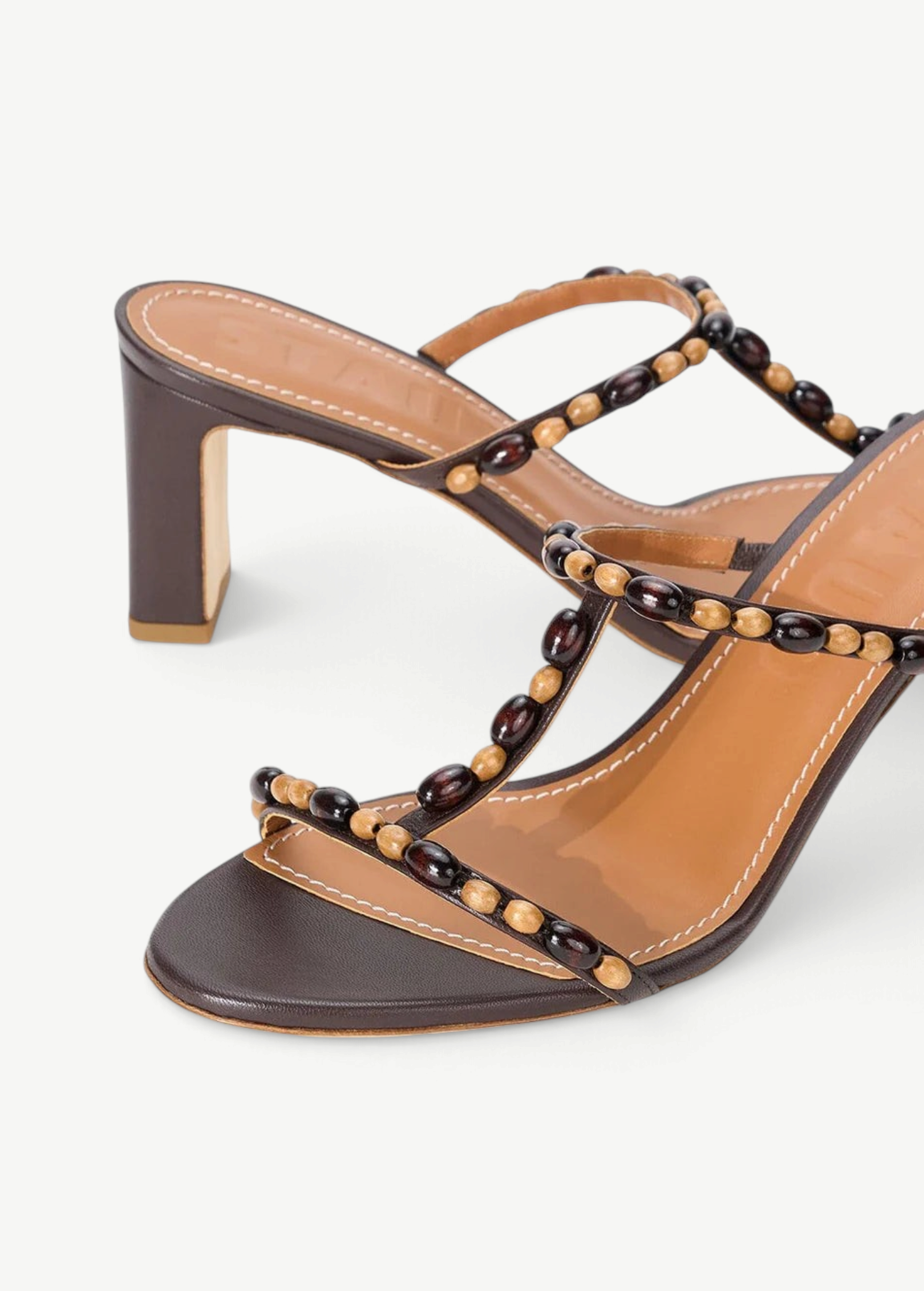 KABE SHOP INC Talita Heel brown leather sandals with decorative wooden bead detailing on the straps