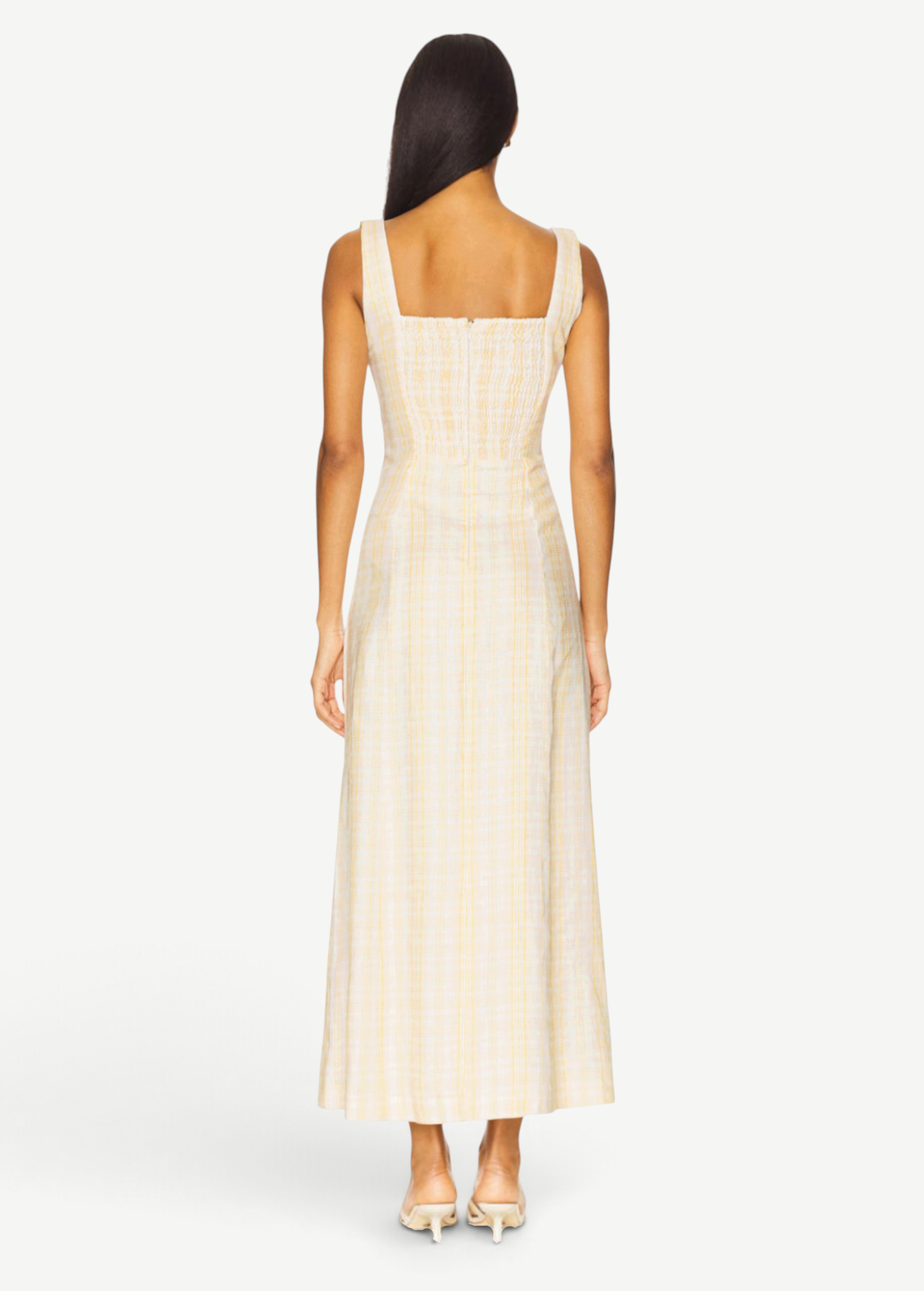 Back view of KABE SHOP INC Lenice midi dress in yellow plaid linen with a square neckline and smocked bodice