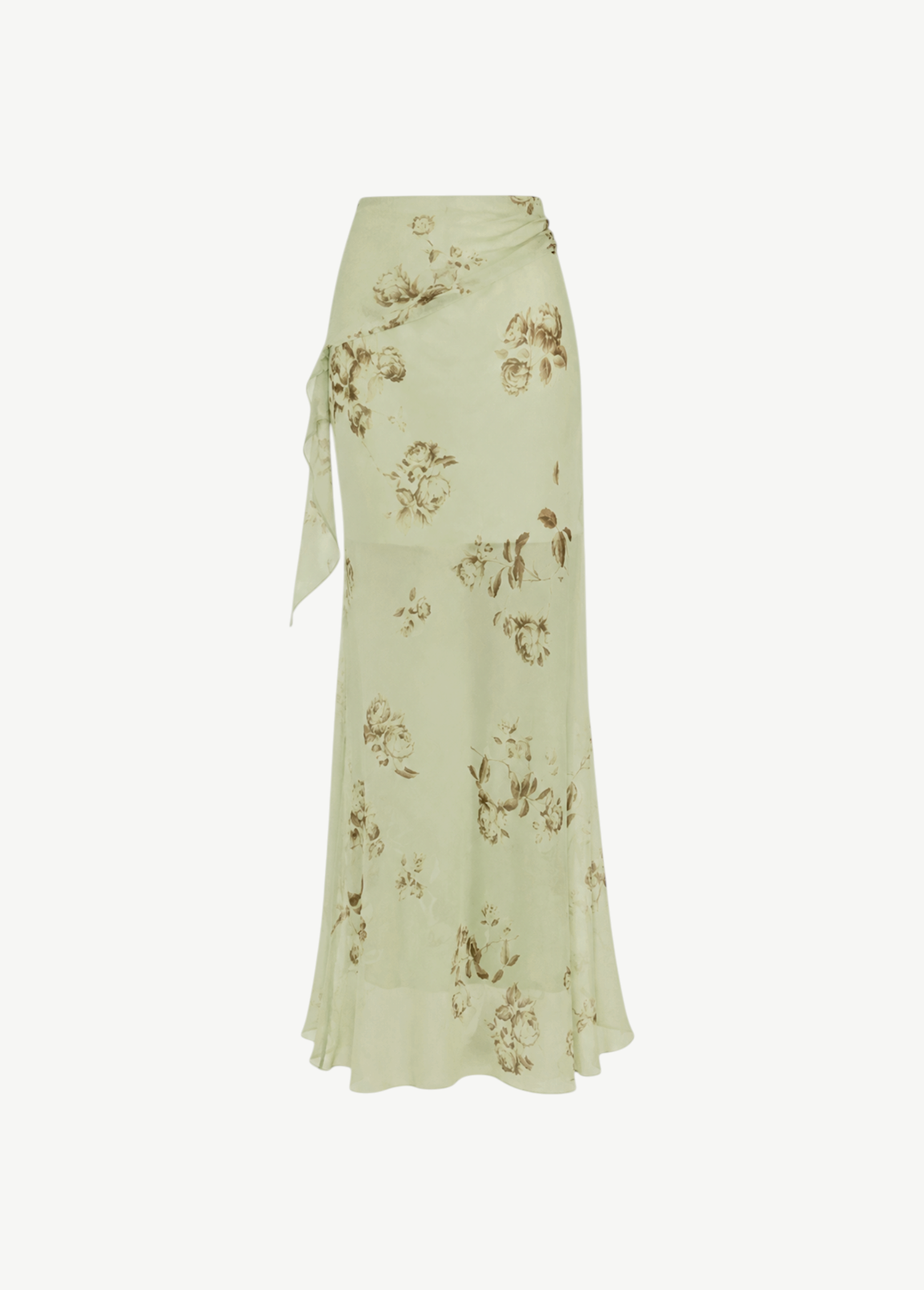 Diosa Skirt in light green georgette with a brown floral print, an asymmetric hem, and a side tie detail at the waist.