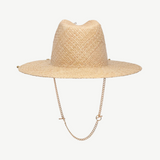 KABE SHOP INC straw fedora hat in natural beige with a gold-tone metal chain strap and minimalist design