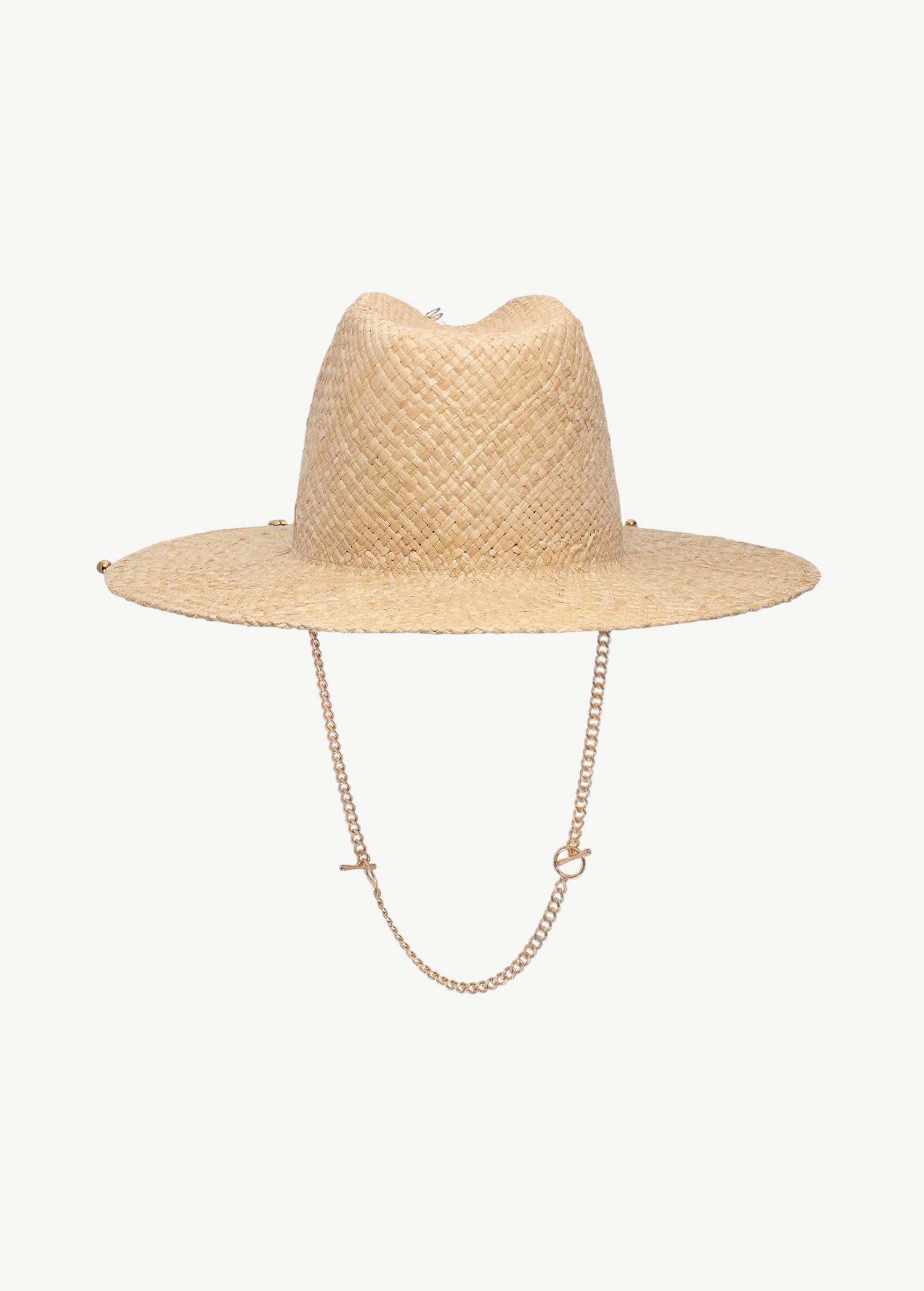 KABE SHOP INC straw fedora hat in natural beige with a gold-tone metal chain strap and minimalist design