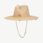 KABE SHOP INC straw fedora hat featuring a gold-tone chain strap, shell accent, and embroidered logo detail.