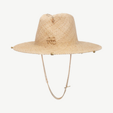 KABE SHOP INC straw fedora hat featuring a gold-tone chain strap, shell accent, and embroidered logo detail.