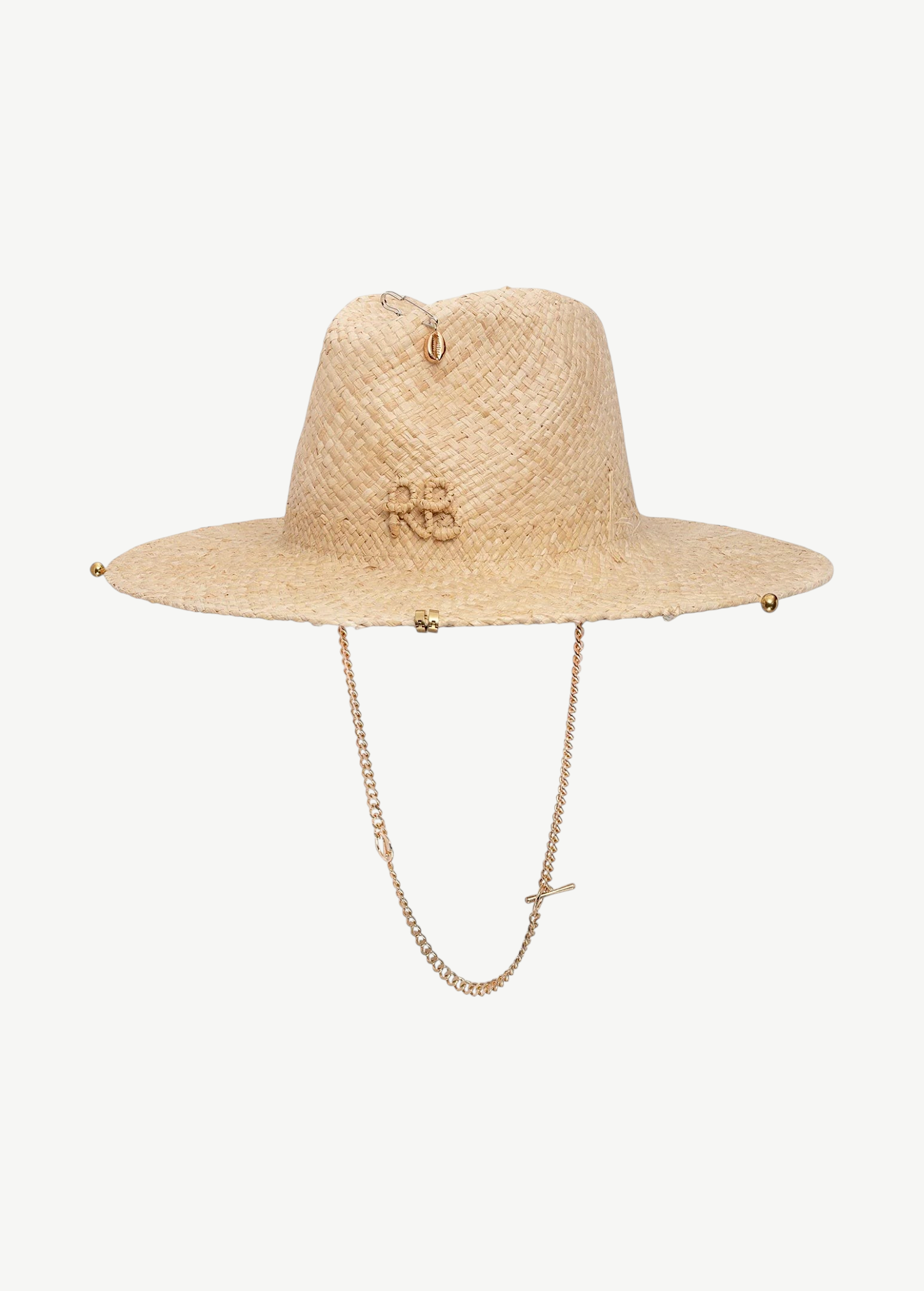 KABE SHOP INC straw fedora hat featuring a gold-tone chain strap, shell accent, and embroidered logo detail.