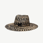 KABE SHOP INC straw fedora hat featuring a black and beige geometric rhomboidal pattern and a decorative side emblem.