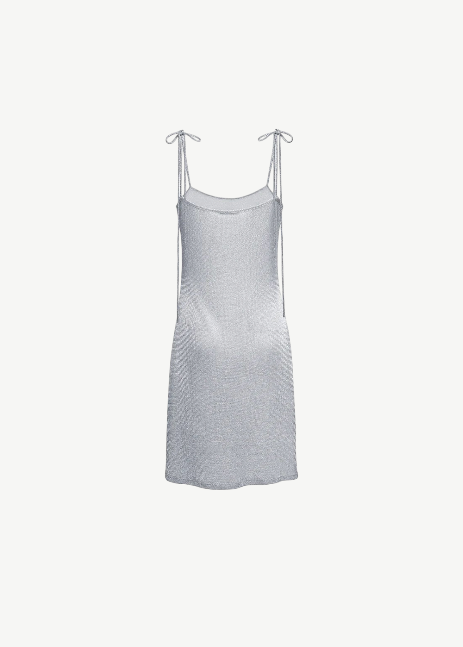 KABE SHOP INC silver metallic mini dress with delicate tie straps and a fluid, contemporary silhouette.