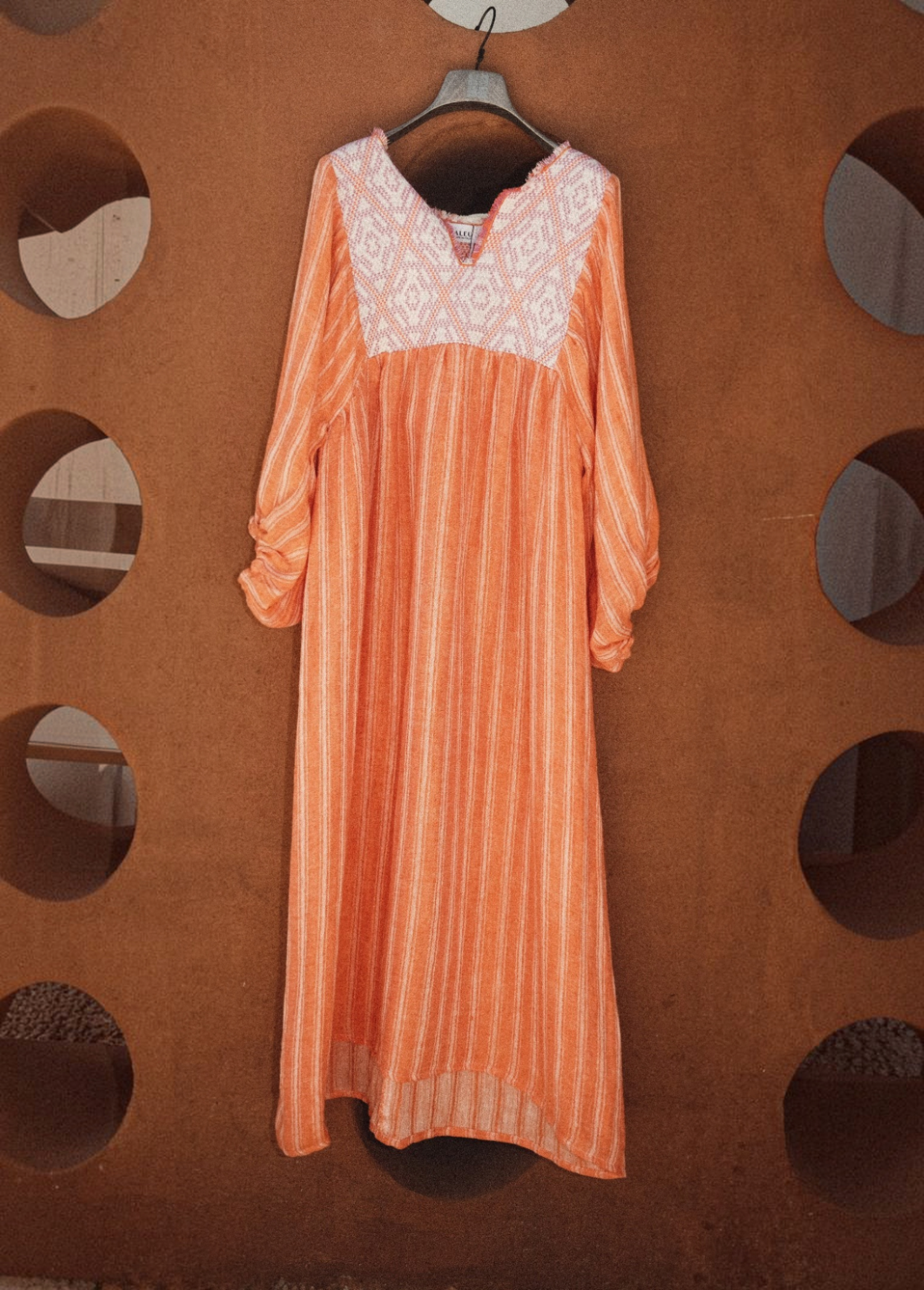 KABE SHOP INC Adelina kaftan in orange and white stripes with intricate white embroidery on the V-neckline