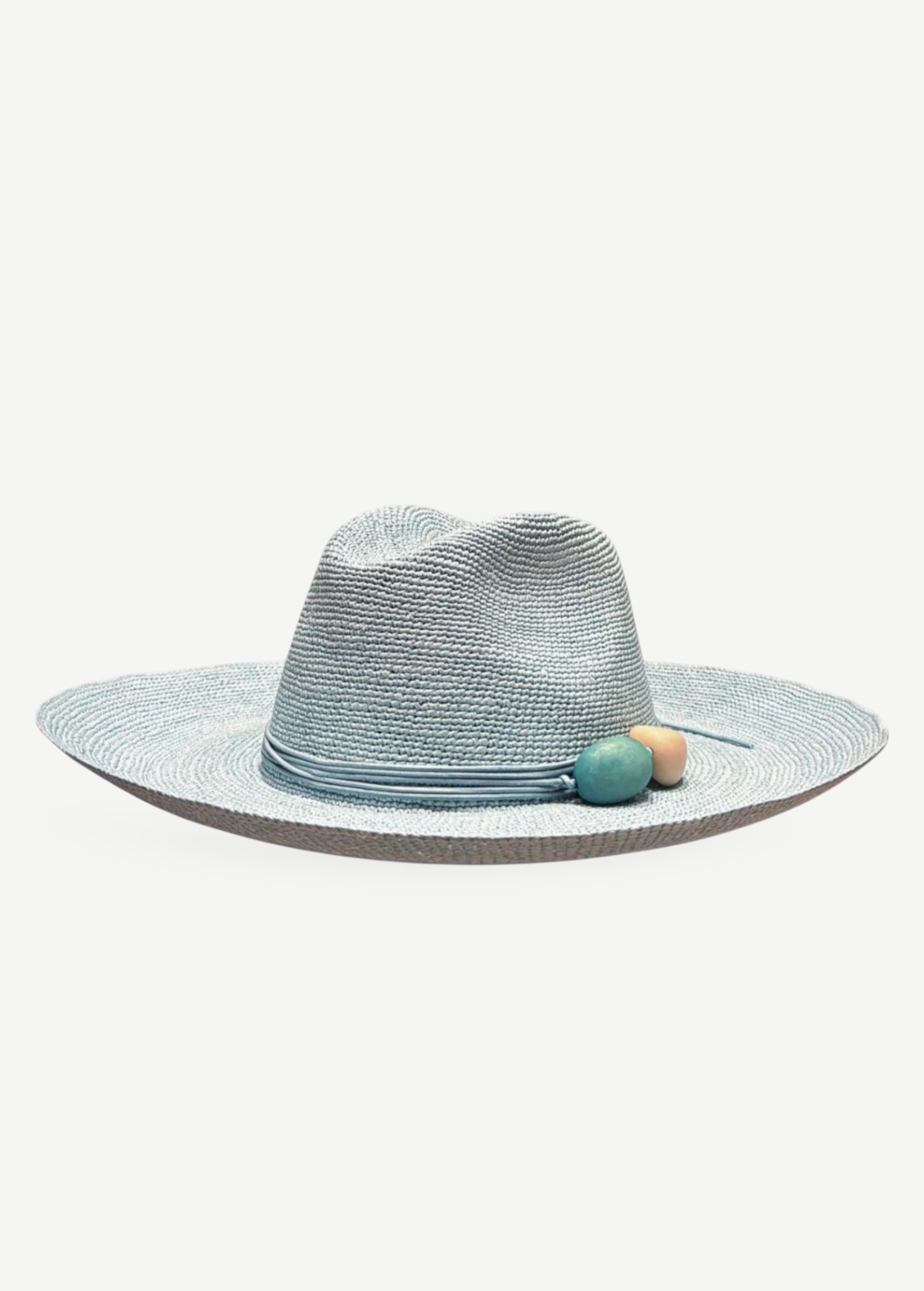 KABE SHOP INC Mayu Hat in light blue woven straw with a decorative cord and two-tone wooden beads