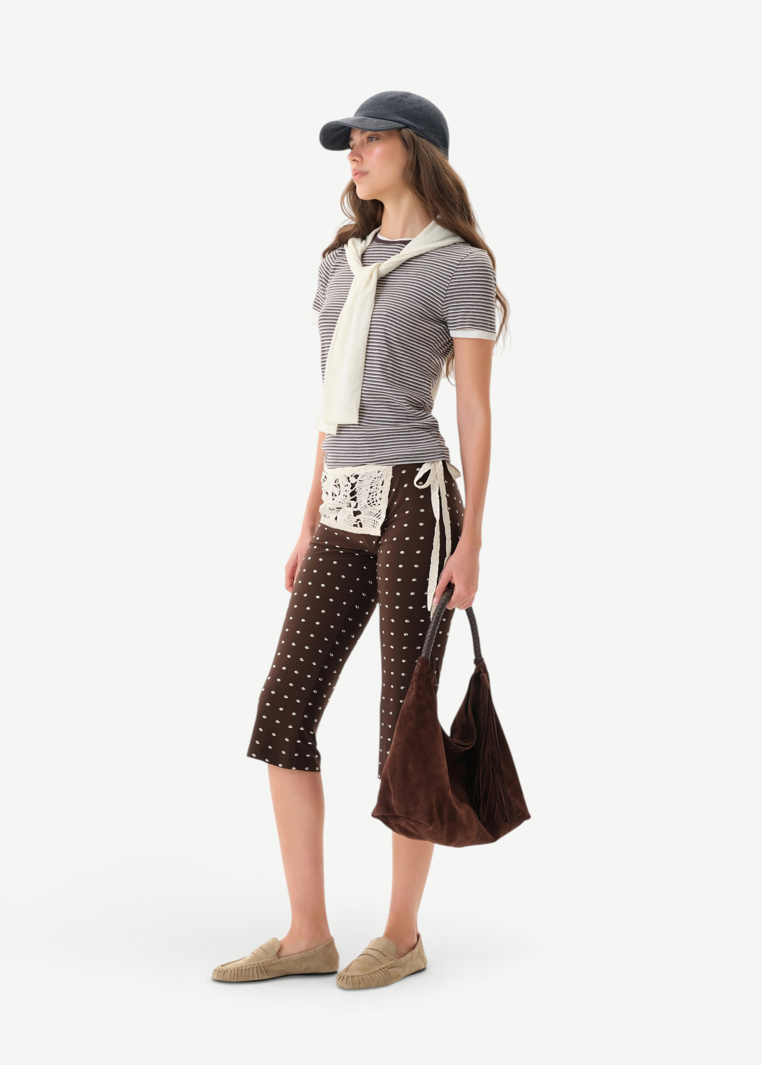 KABE SHOP INC Gianna pants in brown with white polka dots, featuring a crochet waist detail and flared silhouette.