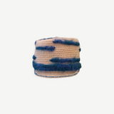 KABE SHOP INC handcrafted crochet hat in white with blue fuzzy textured stripes for sun protection
