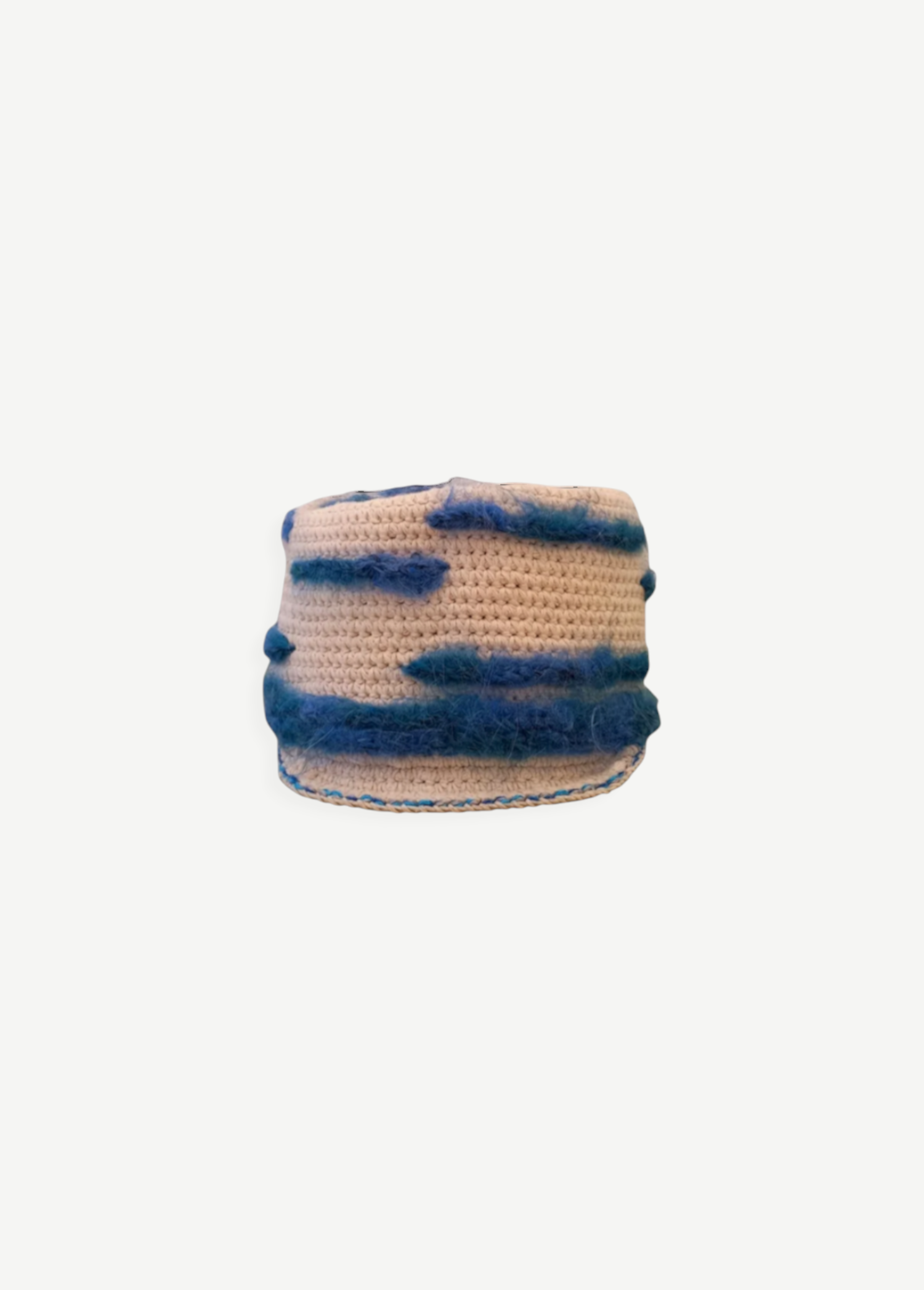KABE SHOP INC handcrafted crochet hat in white with blue fuzzy textured stripes for sun protection