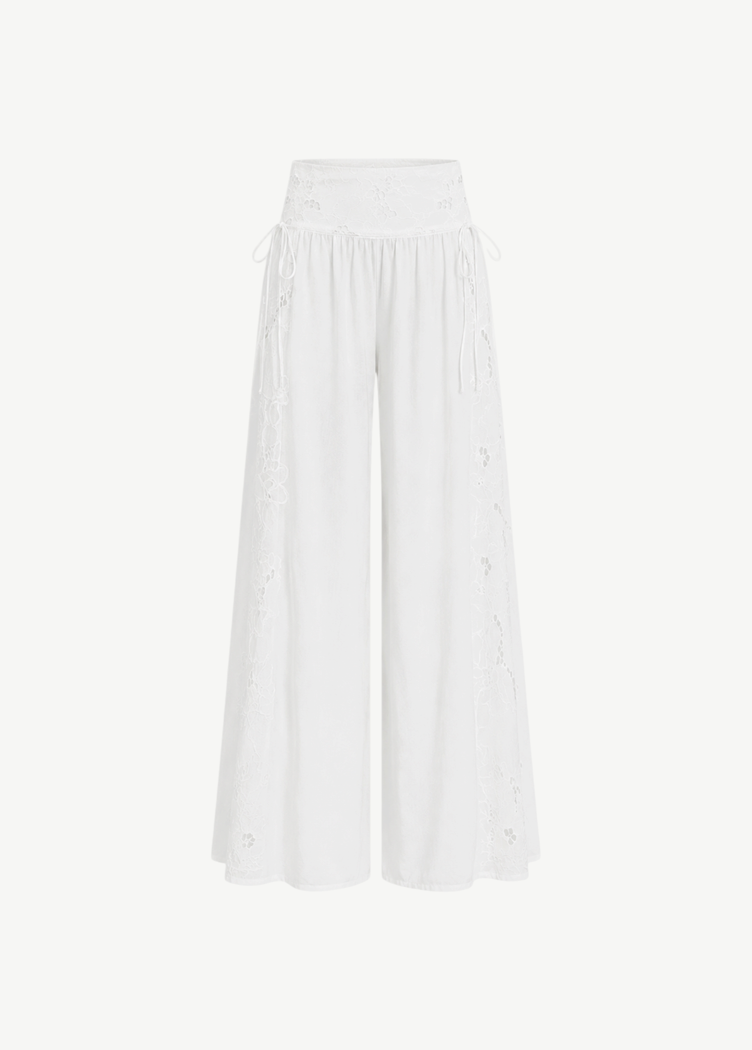 KABE SHOP INC Menorca trousers in white cotton with intricate lace side panels and a delicate drawstring waistband.