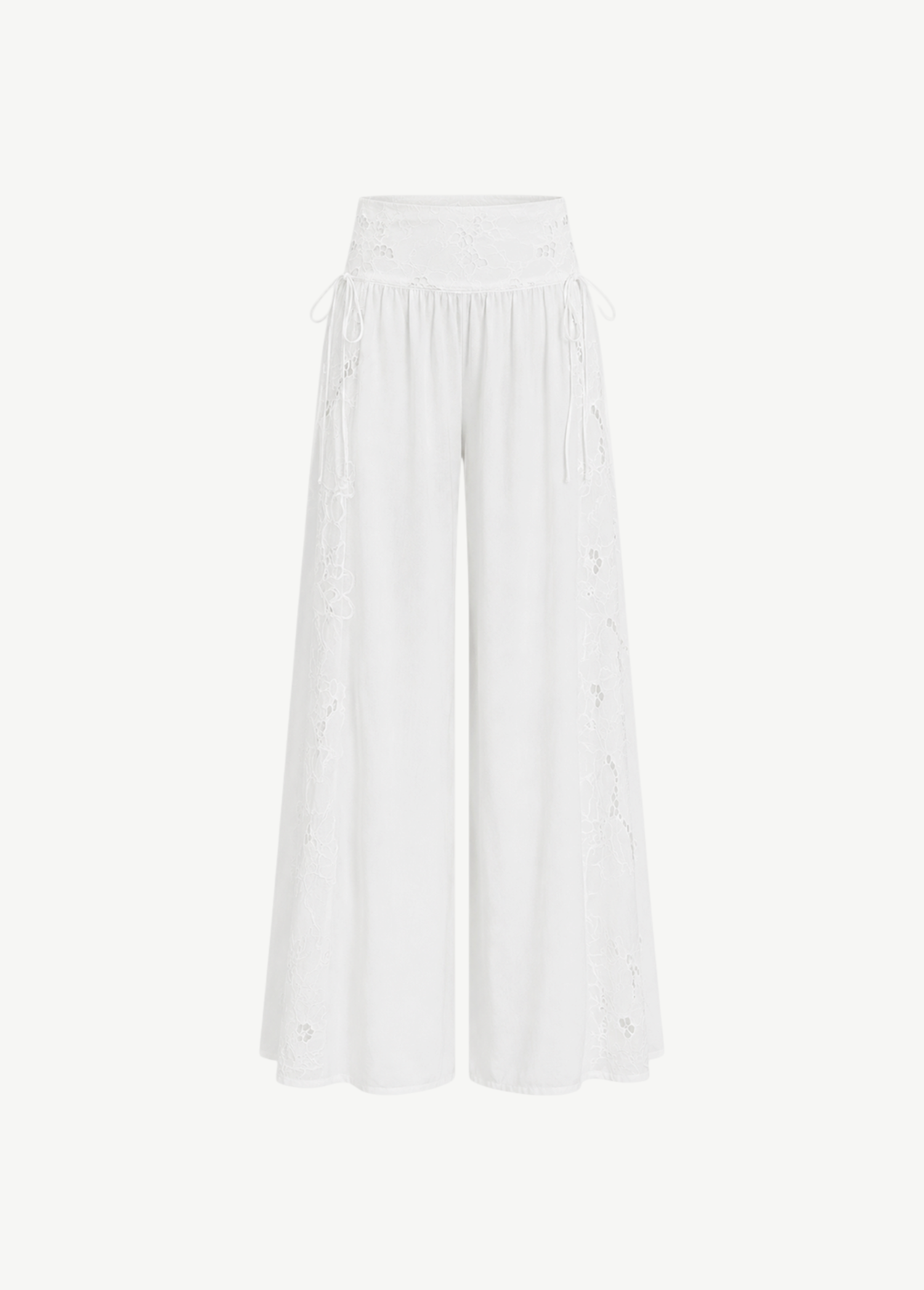 KABE SHOP INC Menorca trousers in white cotton with intricate lace side panels and a delicate drawstring waistband.