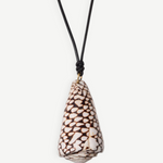 KABE SHOP INC marble cone shell necklace on a black leather cord with gold-capped ends and adjustable knot