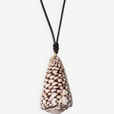KABE SHOP INC marble cone shell necklace on a black leather cord with gold-capped ends and adjustable knot