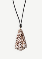 KABE SHOP INC marble cone shell necklace on a black leather cord with gold-capped ends and adjustable knot