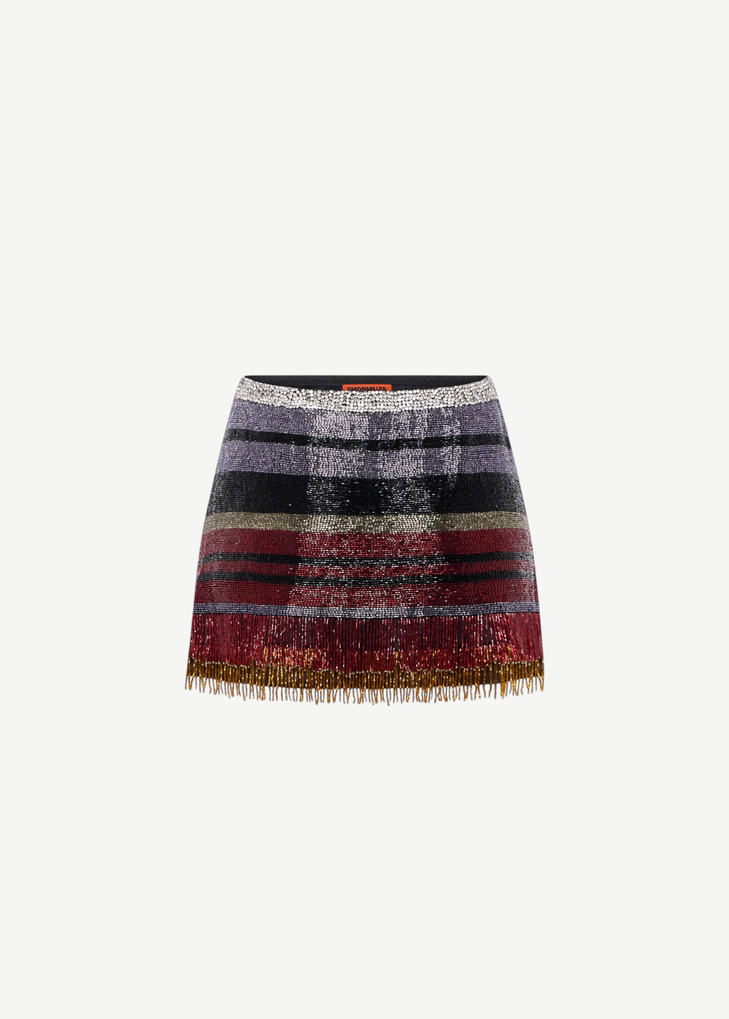 KABE SHOP INC Inessa low-rise mini skirt featuring horizontal stripes of intricate hand-beaded fringe in multi-colors.