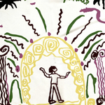 KABE SHOP INC Jardin Paradis silk scarf featuring a white background with colorful abstract garden line art print.