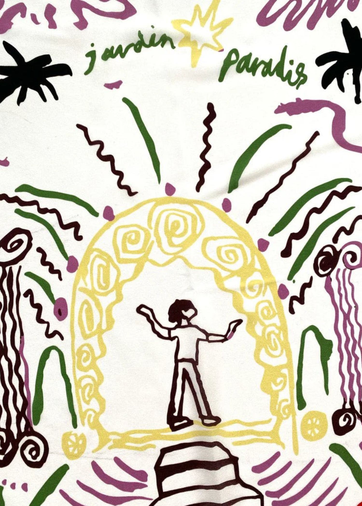 KABE SHOP INC Jardin Paradis silk scarf featuring a white background with colorful abstract garden line art print.