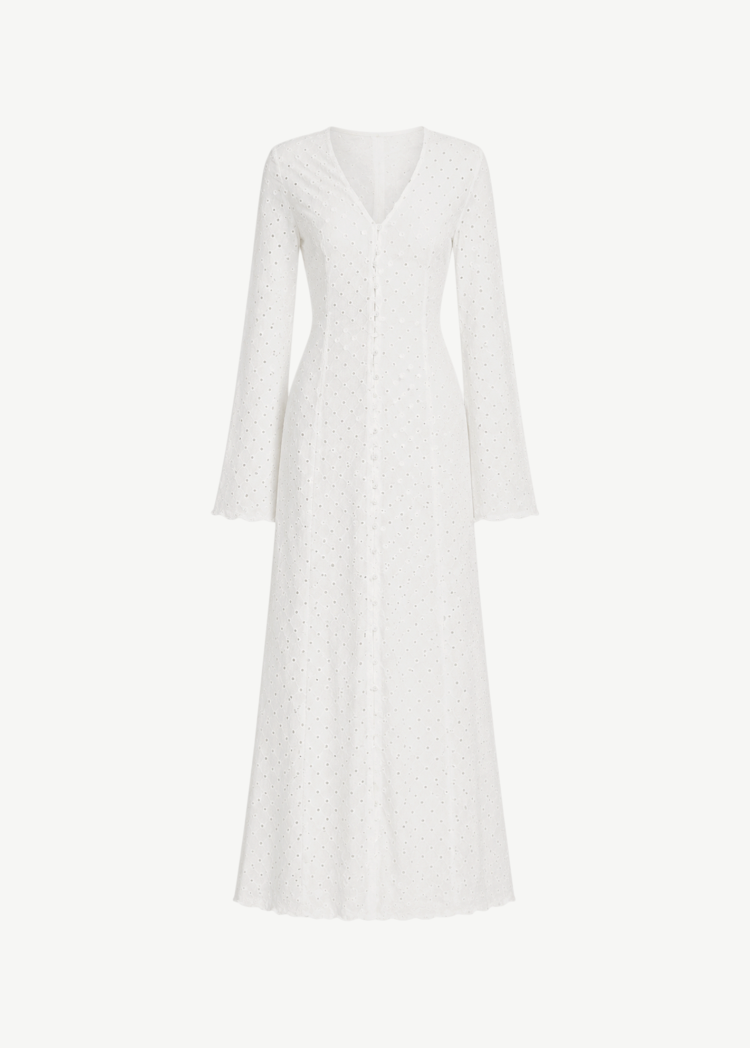 KABE SHOP INC Mirror white eyelet midi dress with long flared sleeves and a button-down front