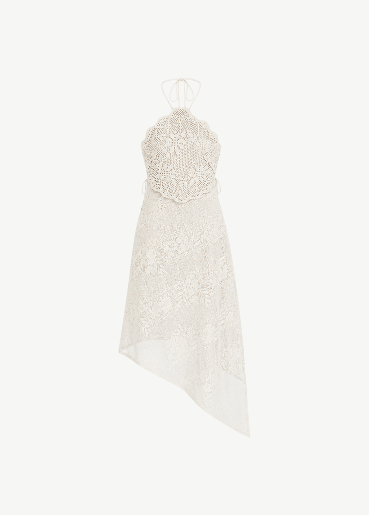 KABE SHOP INC upcycled vintage cream lace handkerchief dress with a crochet halter neckline and asymmetrical hem