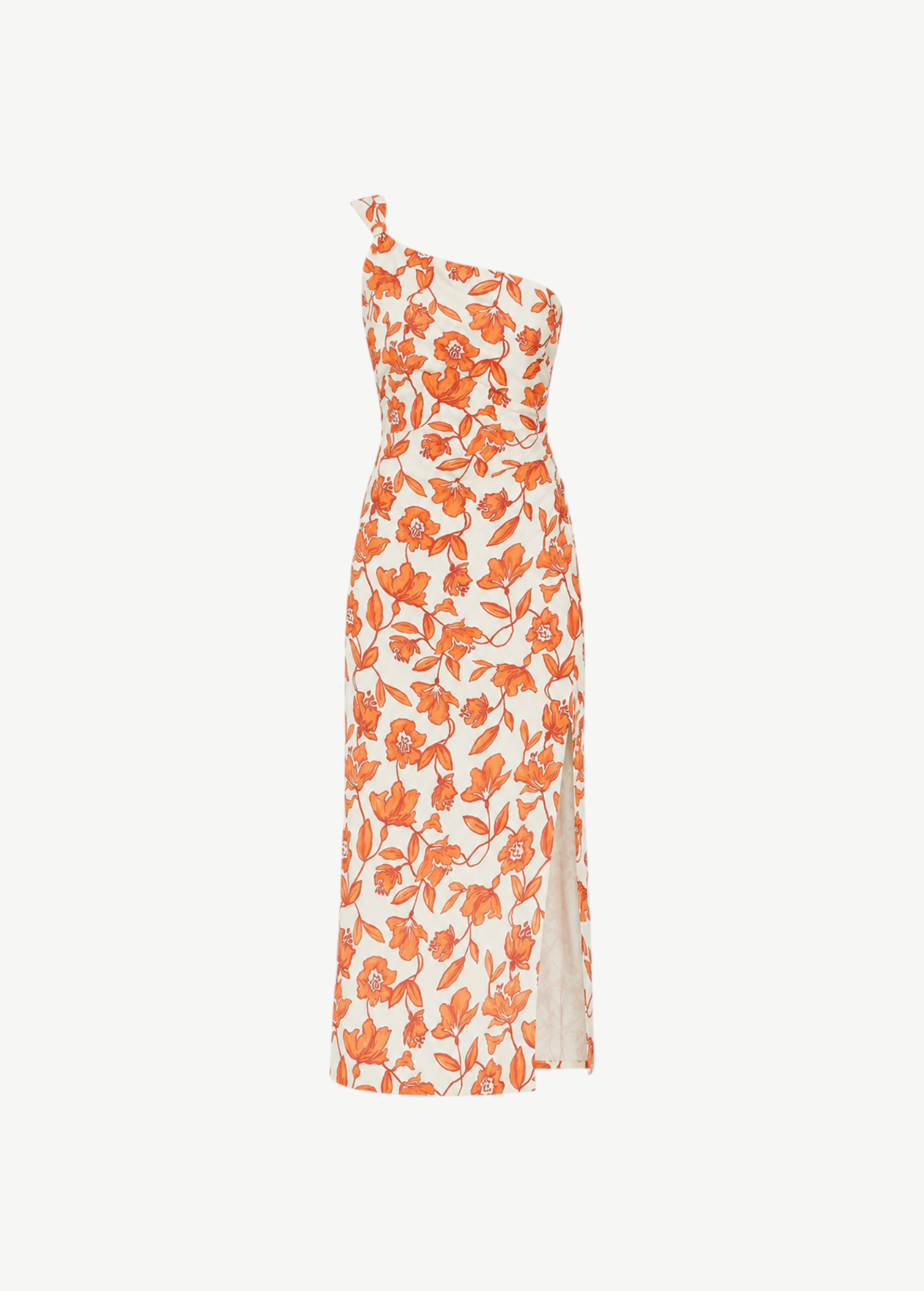 KABE SHOP INC Chloe one-shoulder midi dress in cream with orange floral print, linen blend, and side slit.