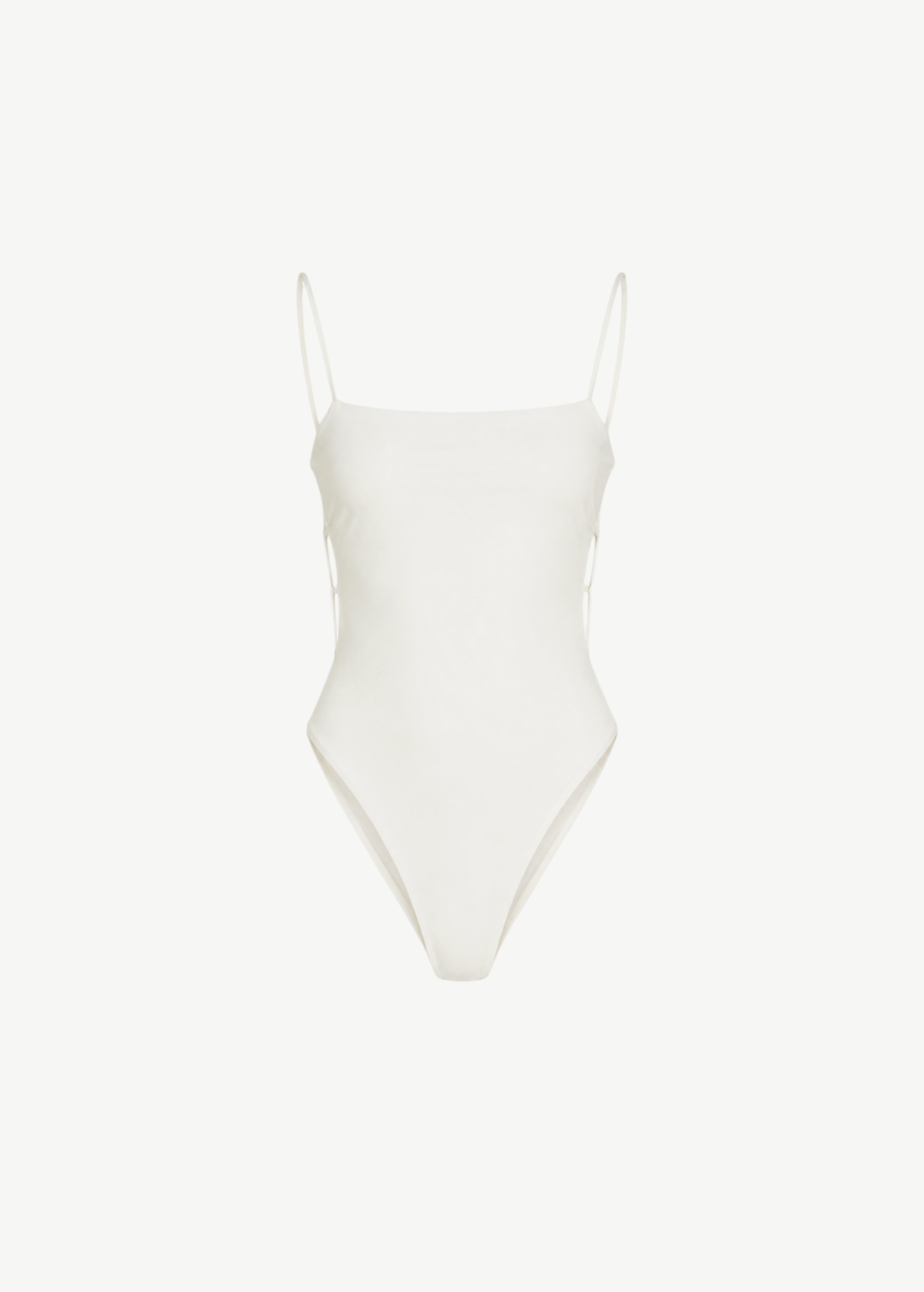 KABE SHOP INC white one-piece swimsuit with thin spaghetti straps, square neckline, and high-cut legs.