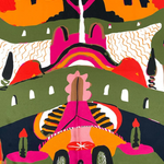 The Labyrinth of Horta Scarf features a symmetrical, hand-drawn pattern of colorful abstract shapes, stylized trees, and mountain-like forms in shades of pink, orange, olive green, and black.