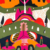 The Labyrinth of Horta Scarf features a symmetrical, hand-drawn pattern of colorful abstract shapes, stylized trees, and mountain-like forms in shades of pink, orange, olive green, and black.