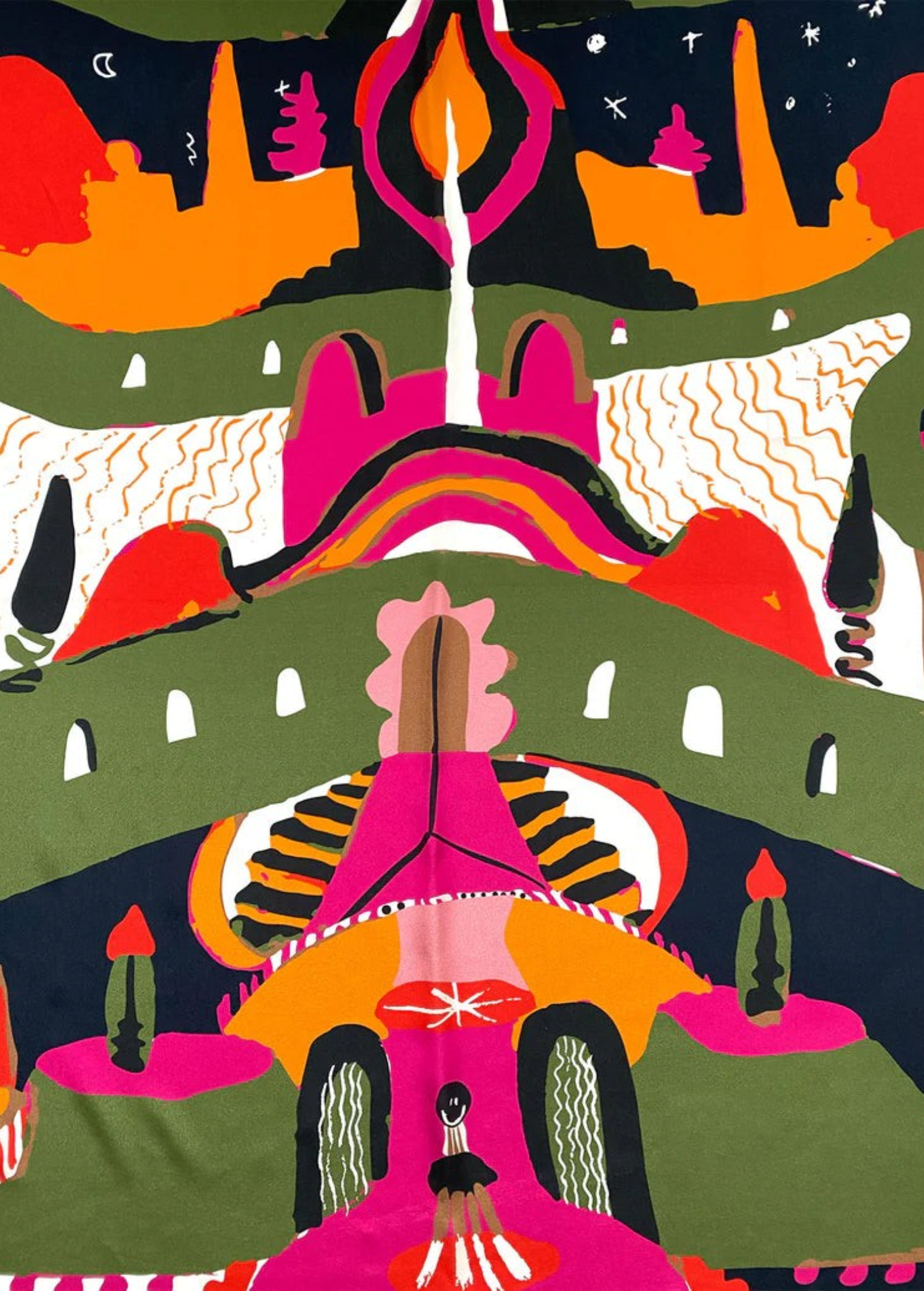 The Labyrinth of Horta Scarf features a symmetrical, hand-drawn pattern of colorful abstract shapes, stylized trees, and mountain-like forms in shades of pink, orange, olive green, and black.