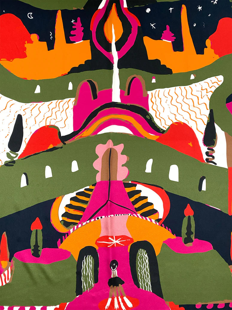 The Labyrinth of Horta Scarf features a symmetrical, hand-drawn pattern of colorful abstract shapes, stylized trees, and mountain-like forms in shades of pink, orange, olive green, and black.