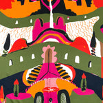 The Labyrinth of Horta Scarf features a symmetrical, hand-drawn pattern of colorful abstract shapes, stylized trees, and mountain-like forms in shades of pink, orange, olive green, and black.