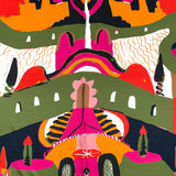 The Labyrinth of Horta Scarf features a symmetrical, hand-drawn pattern of colorful abstract shapes, stylized trees, and mountain-like forms in shades of pink, orange, olive green, and black.