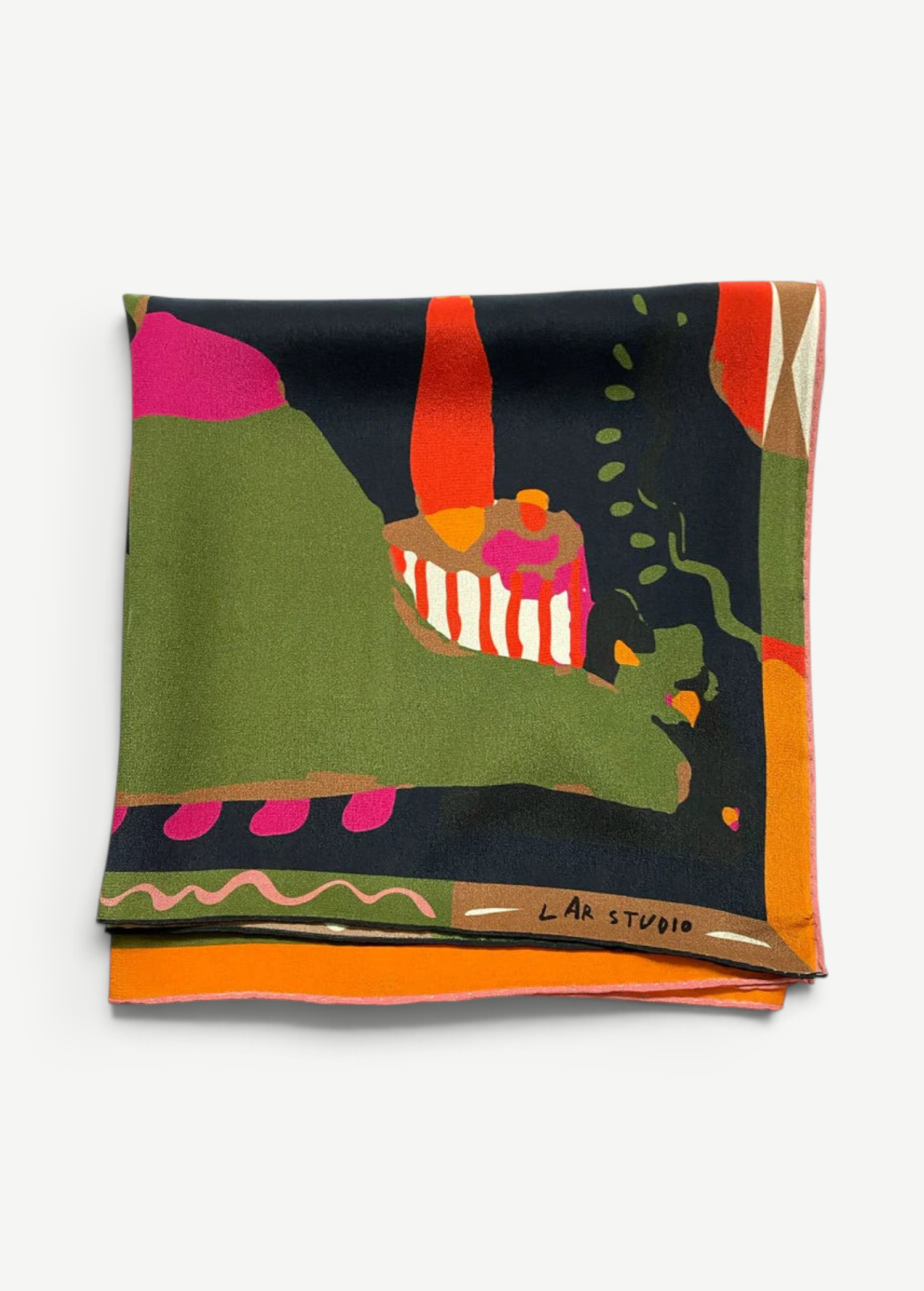 A folded Labyrinth of Horta Scarf featuring an abstract, colorful landscape print with hand-drawn labyrinth shapes in green, black, orange, and pink.
