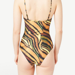 Back view of KABE SHOP INC Lola one-piece swimsuit featuring a tiger stripe print and thin adjustable straps.