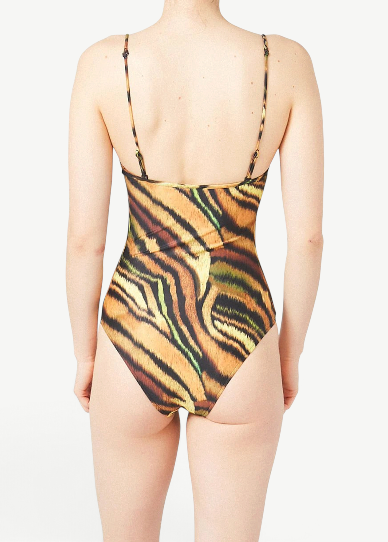 Back view of KABE SHOP INC Lola one-piece swimsuit featuring a tiger stripe print and thin adjustable straps.
