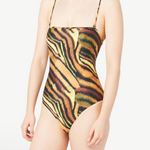 KABE SHOP INC Lola one-piece swimsuit with a square neckline and a brown and green tiger-inspired animal print.