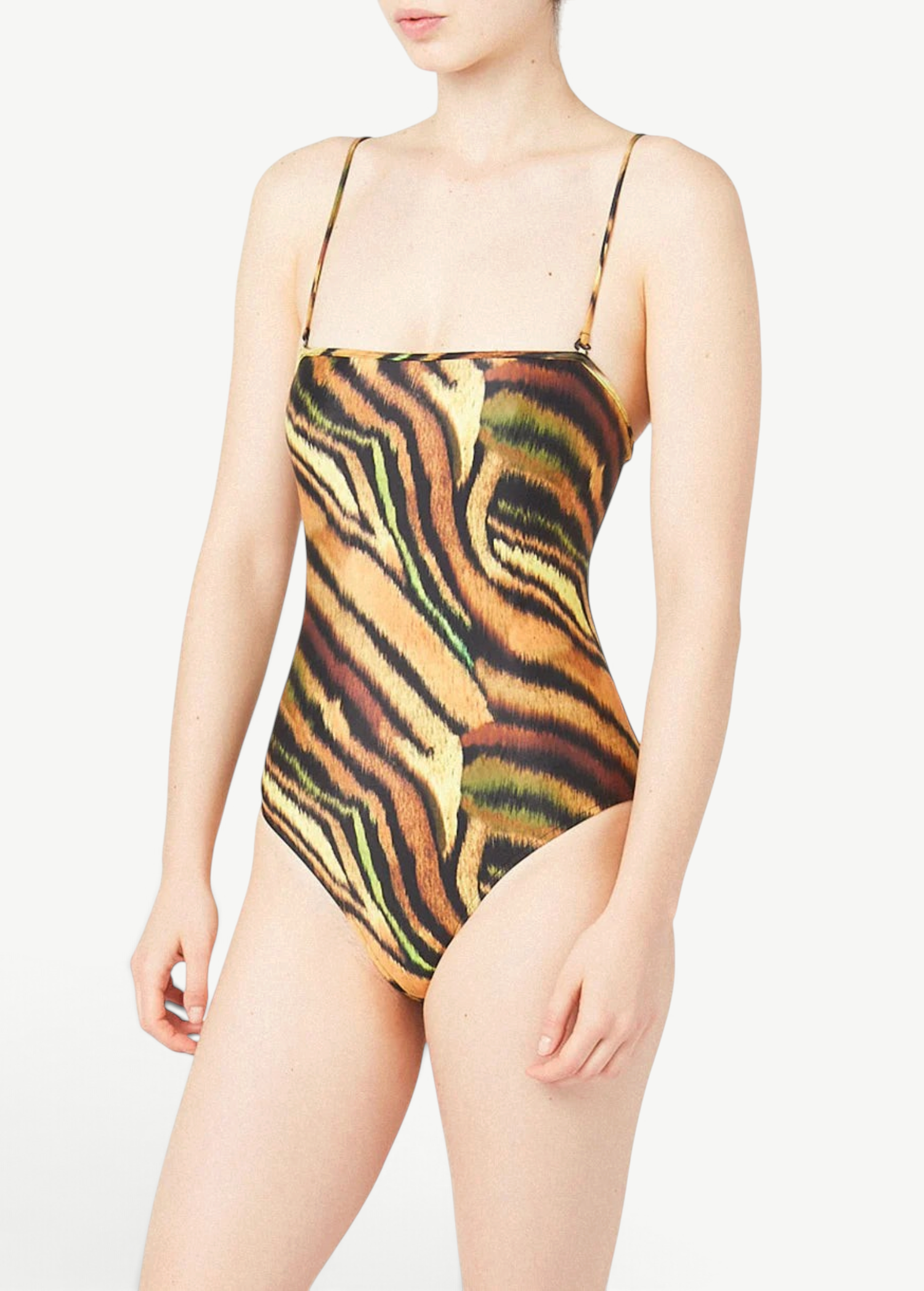 KABE SHOP INC Lola one-piece swimsuit with a square neckline and a brown and green tiger-inspired animal print.