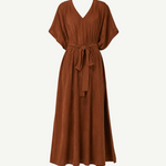 Brown short-sleeve, V-neck Kaftan maxi dress featuring a matching waist tie, relaxed silhouette, and slightly flared skirt, displayed on a plain white background for an effortlessly elegant look.