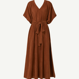 Brown short-sleeve, V-neck Kaftan maxi dress featuring a matching waist tie, relaxed silhouette, and slightly flared skirt, displayed on a plain white background for an effortlessly elegant look.